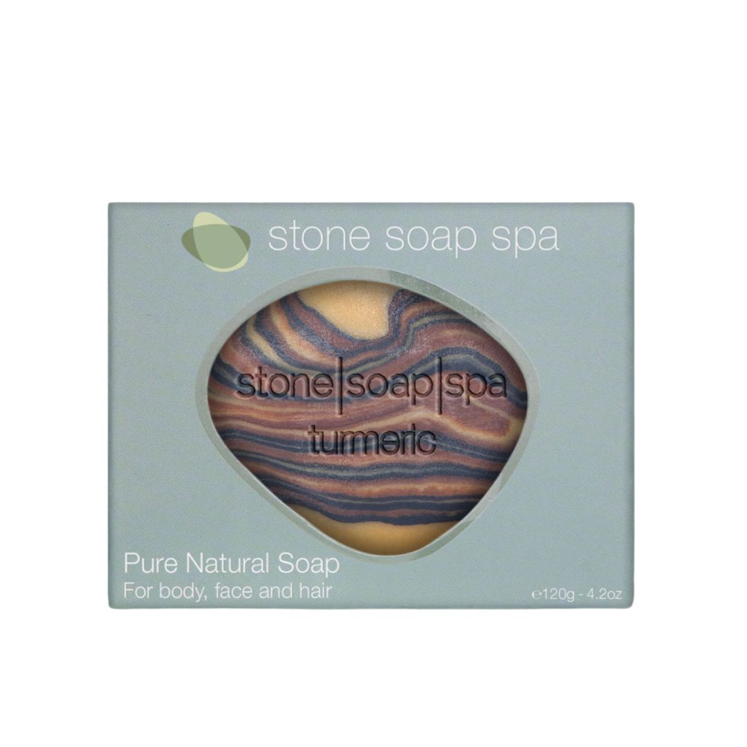 Stone Soap Gurkemeie: Rik på antioksidanter, støtter mot eksem & psoriasis, utjevner pigmentflekker, eksfolierer & renser. Frisk appelsinduft. 120g