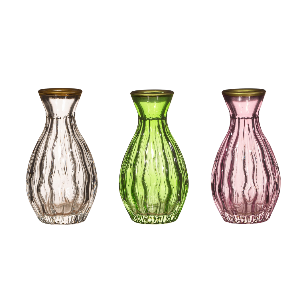Dainty glassvaser med gullkant i klar, gul og rosa, dekorative vaser til hjem og dekor.