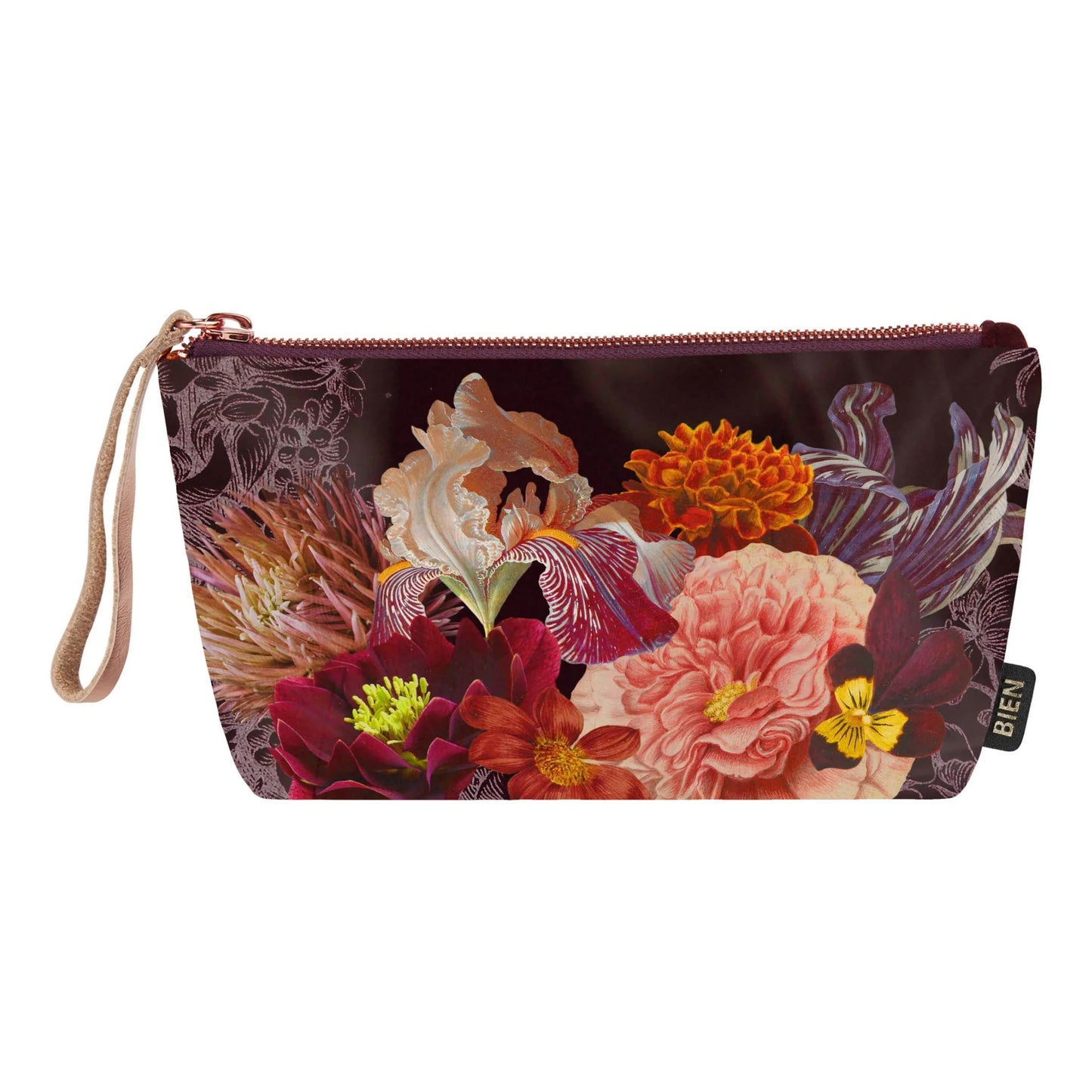 BIEN fløyelspung med blomster ,etui med glidelås og blomsterprint.