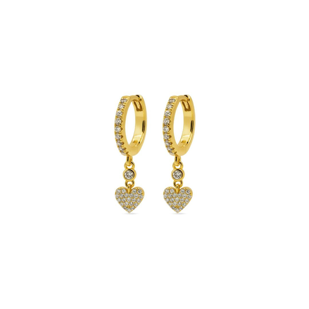 Gullbelagte creoler med zirkonia og lite hengende hjerte i 925 sølv