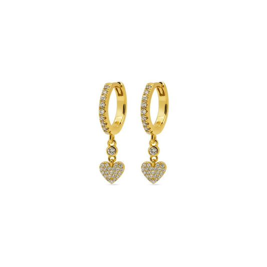 Gullbelagte creoler med zirkonia og lite hengende hjerte i 925 sølv