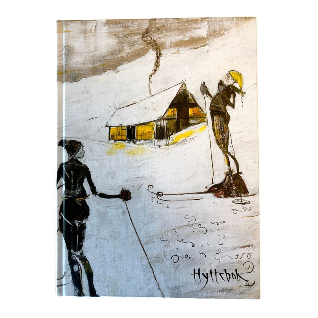 Hyttebok – På Gli Mali med illustrasjon av vinterlandskap, to skiløpere og en hytte i snøen.