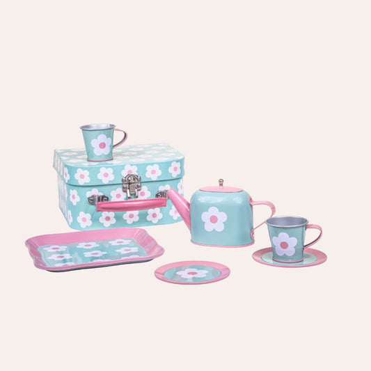 Pastellfarget barneservise Tea for Two fra Sass & Belle, komplett tesett med tekanne, brett, kopper og tallerkener