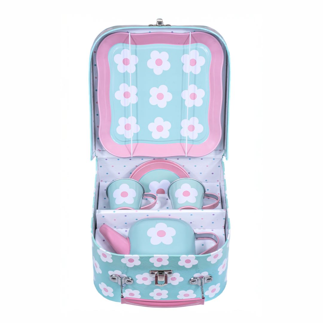 Pastellfarget barneservise Tea for Two fra Sass & Belle, komplett tesett med tekanne, brett, kopper og tallerkener