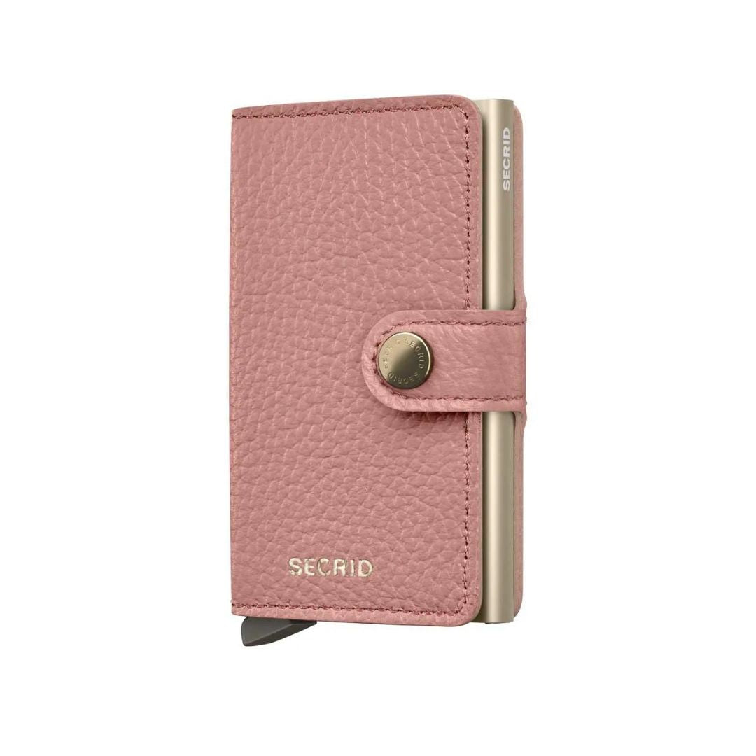 Secrid Miniwallet Pebble Rosa sett forfra, kompakt rosa lommebok i pebble-struktur.