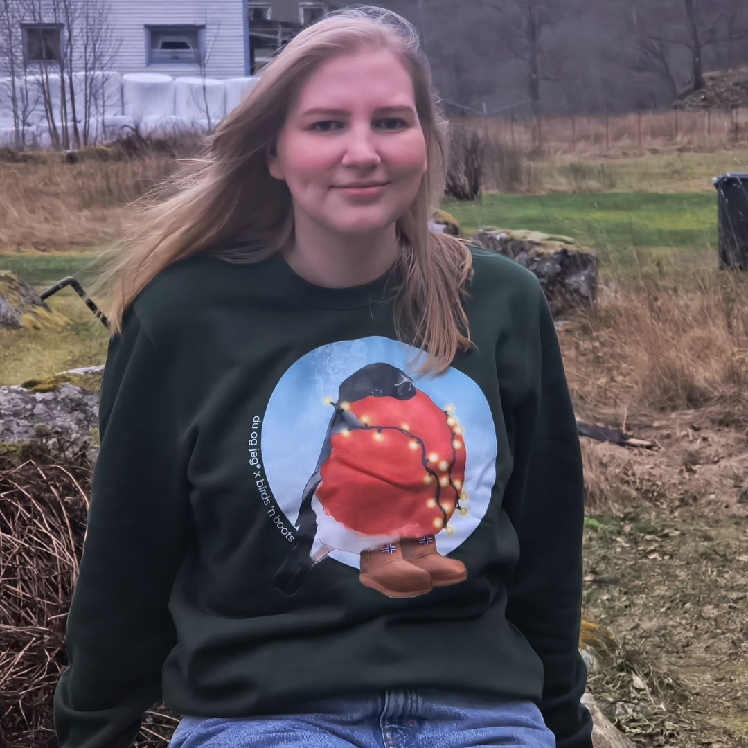 Julegenser Dag Dompap grønn, dompapmotiv, unisex genser