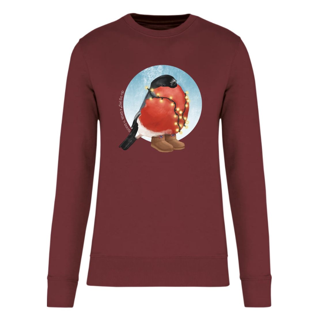 Julegenser Dag Dompap – burgunder dompapmotiv, unisex genser