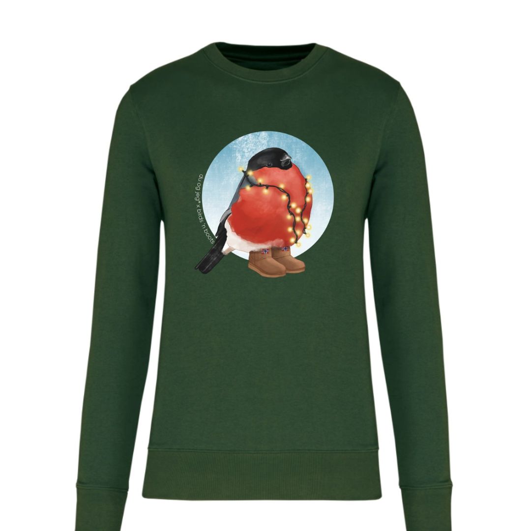 Julegenser Dag Dompap – detaljbilde av stoff og motiv