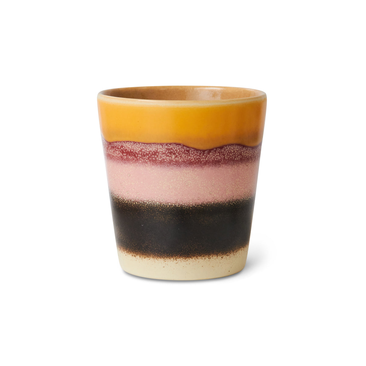 HK Living 70's kaffekopp Sunset uten hank med gule, rosa og mørkebrune striper.