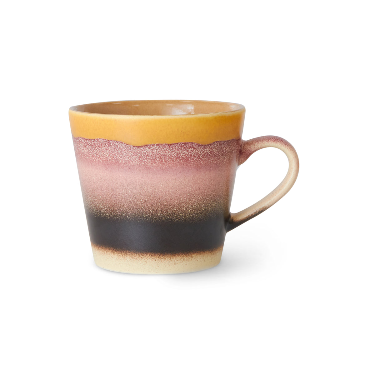 HK Living cappuccinokopp Sunset med hank og glasur i gult, rosa, mørkebrunt og kremhvitt, sett forfra.