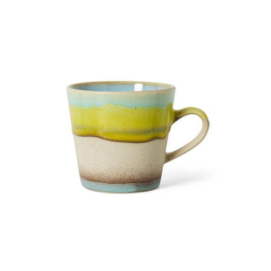 HK Living Americano kaffekopp Glint med gul, lyseblå og beige glasur, sett forfra.